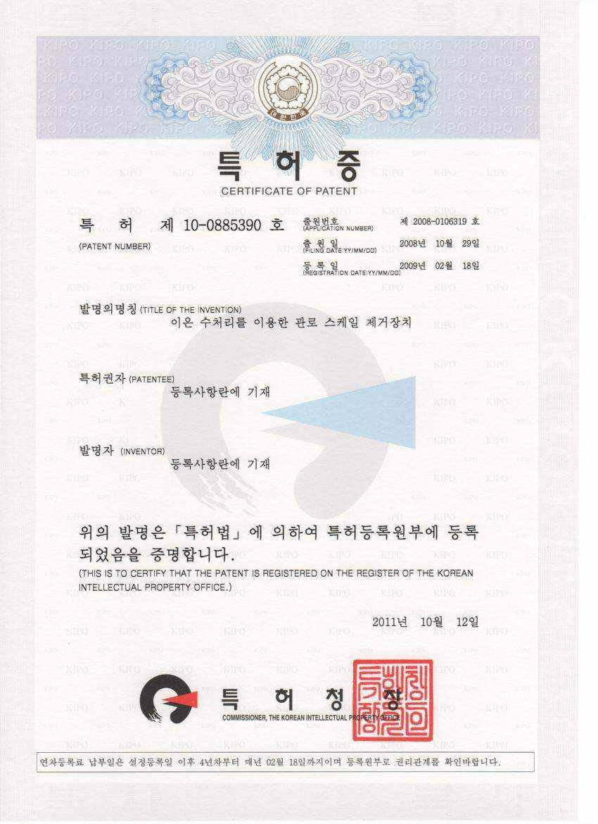 (주)홈케어깨끗한집 이온수 배관 스케일 제거 특허증